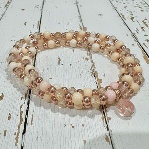 Pastel Pink & Crystal Beaded Triple Wrap Bracelet with Rose Gold Hematite